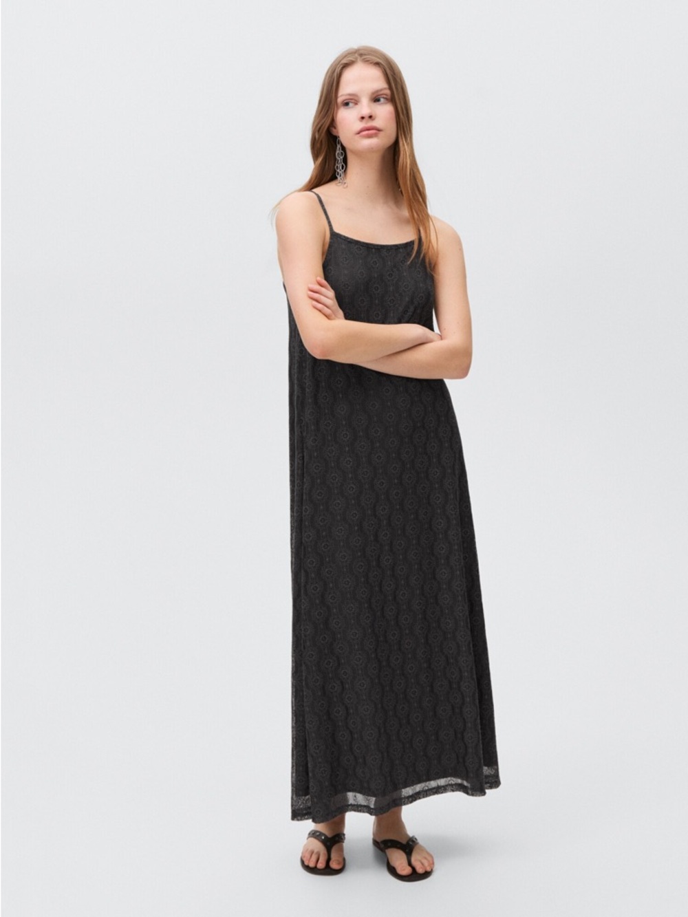 Mango Gray Lace Maxi Dress Medium Strapless Square Neck